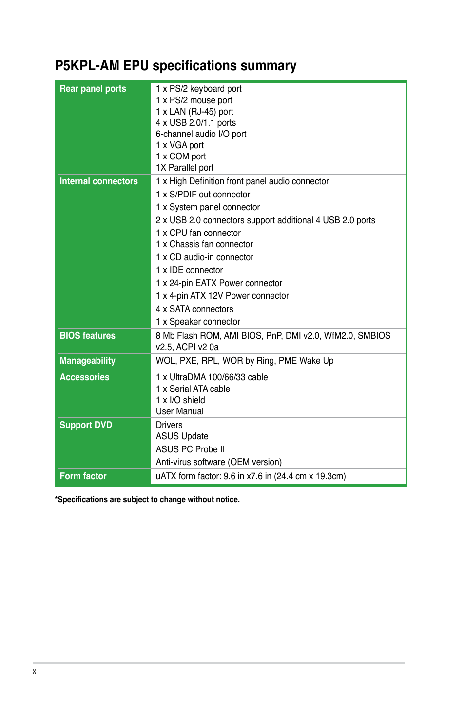 P5kpl-am epu specifications summary | Asus P5KPL-AM EPU User Manual | Page 10 / 60