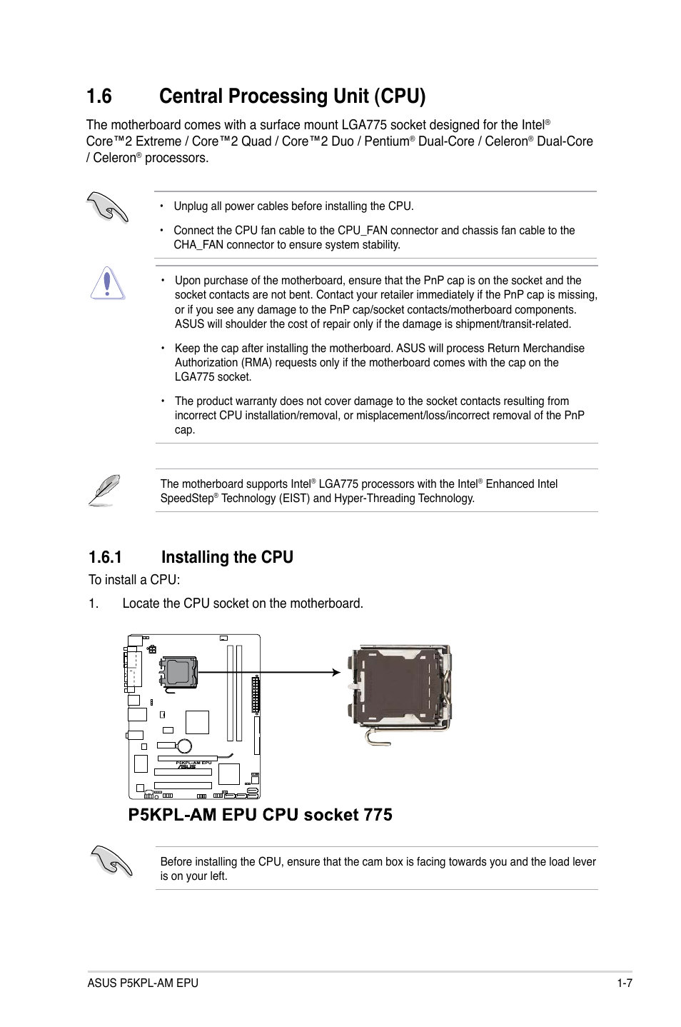 6 central processing unit (cpu), 1 installing the cpu, Central processing unit (cpu) -7 1.6.1 | Installing the cpu -7 | Asus P5KPL-AM EPU User Manual | Page 17 / 60