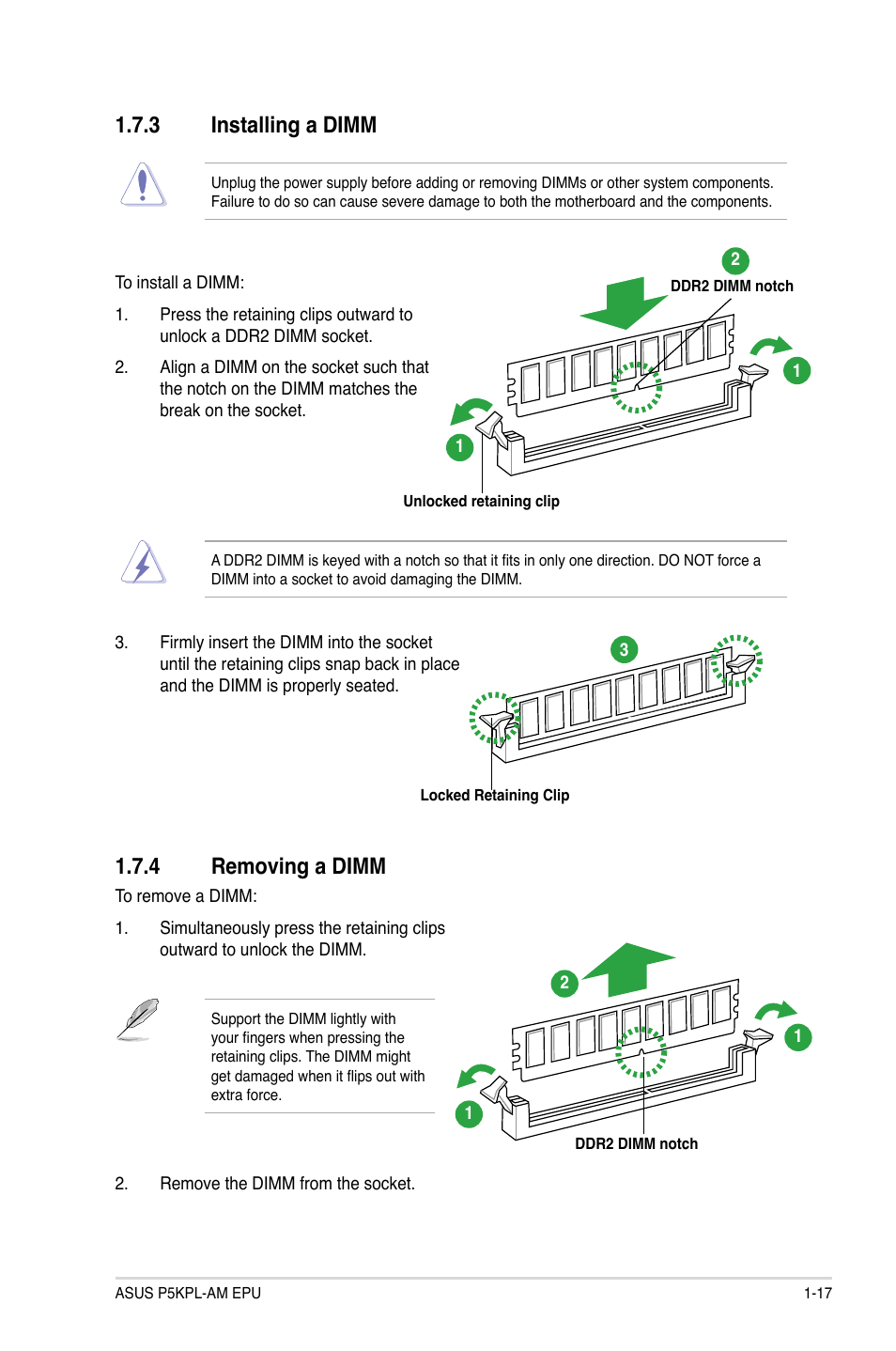 3 installing a dimm, 4 removing a dimm, Installing a dimm -17 | Removing a dimm -17 | Asus P5KPL-AM EPU User Manual | Page 27 / 60