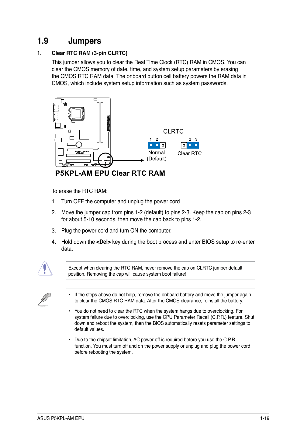 9 jumpers, Jumpers -19 | Asus P5KPL-AM EPU User Manual | Page 29 / 60