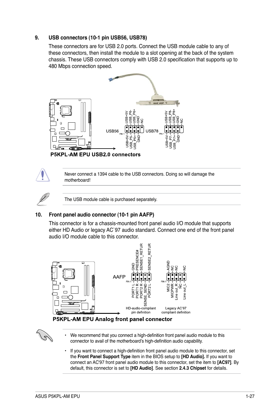 Front panel audio connector (10-1 pin aafp) 1-27 | Asus P5KPL-AM EPU User Manual | Page 37 / 60