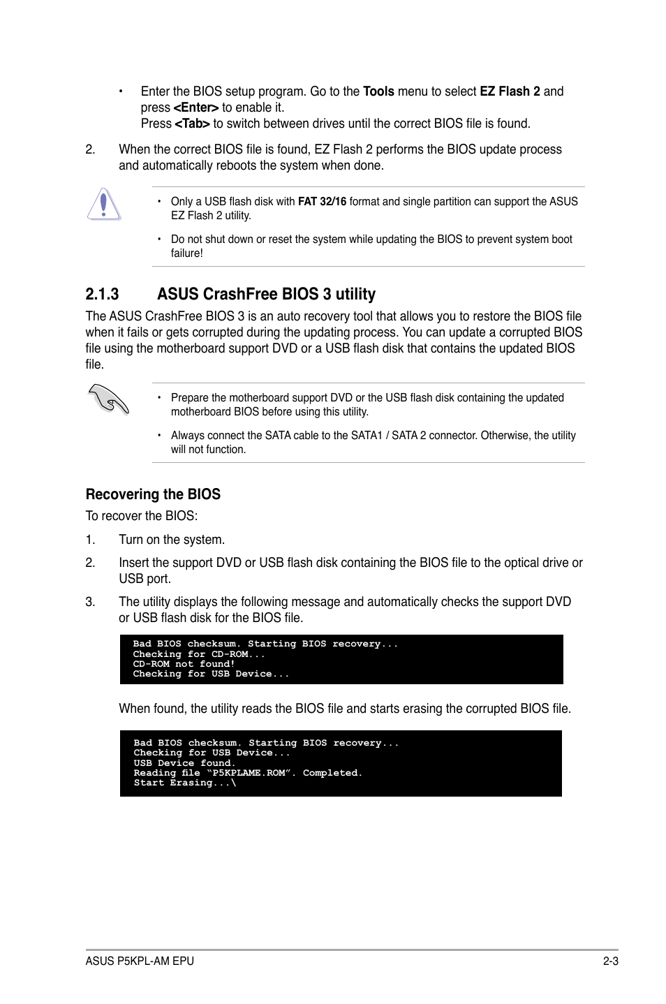3 asus crashfree bios 3 utility, Asus crashfree bios 3 utility -3, Recovering the bios | Asus P5KPL-AM EPU User Manual | Page 41 / 60