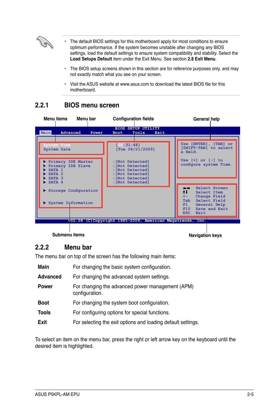 1 bios menu screen, 2 menu bar, Bios menu screen -5 | Menu bar -5 | Asus P5KPL-AM EPU User Manual | Page 43 / 60