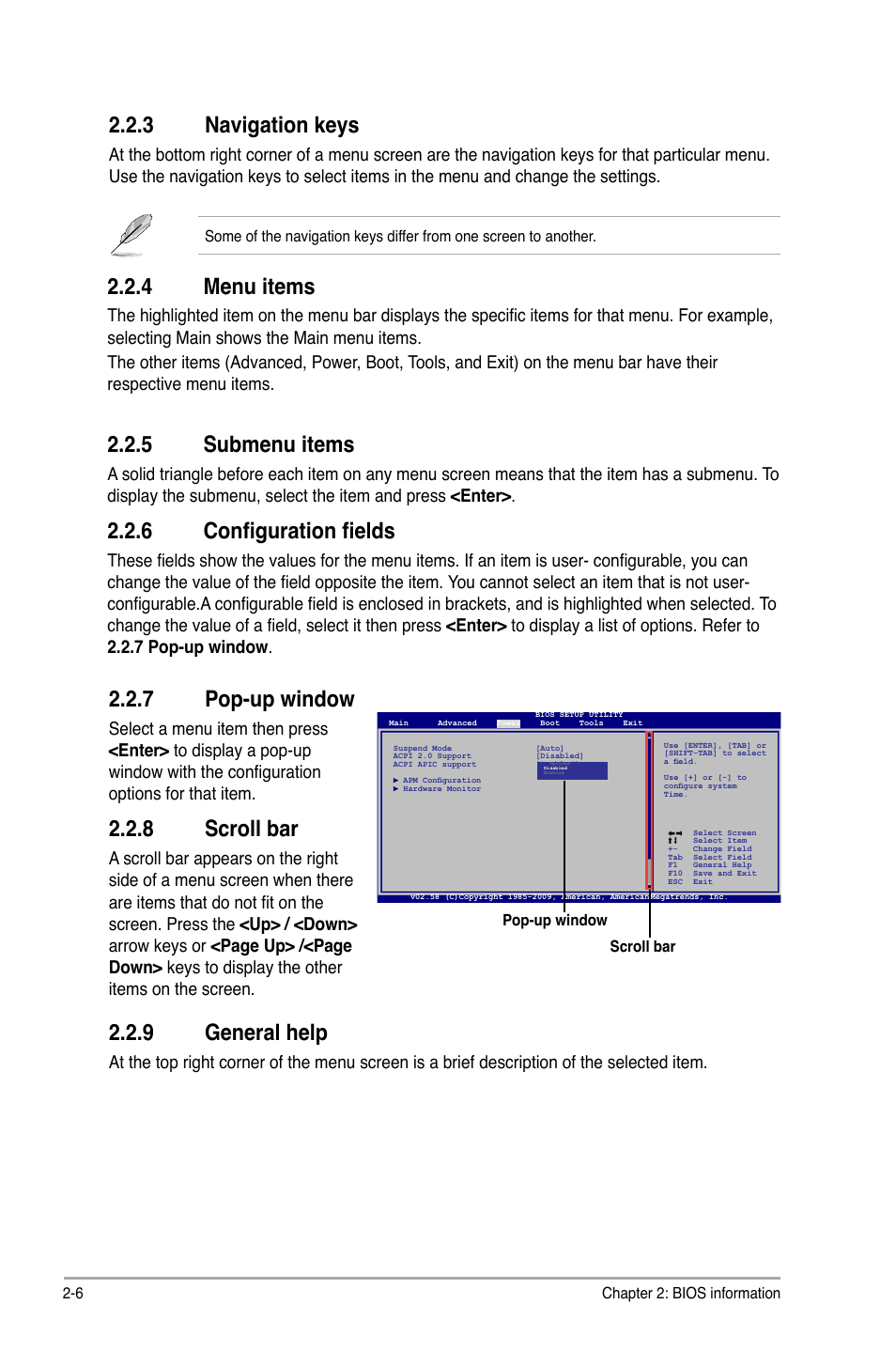 3 navigation keys, 4 menu items, 5 submenu items | 6 configuration fields, 7 pop-up window, 8 scroll bar, 9 general help, Navigation keys -6, Menu items -6, Submenu items -6 | Asus P5KPL-AM EPU User Manual | Page 44 / 60