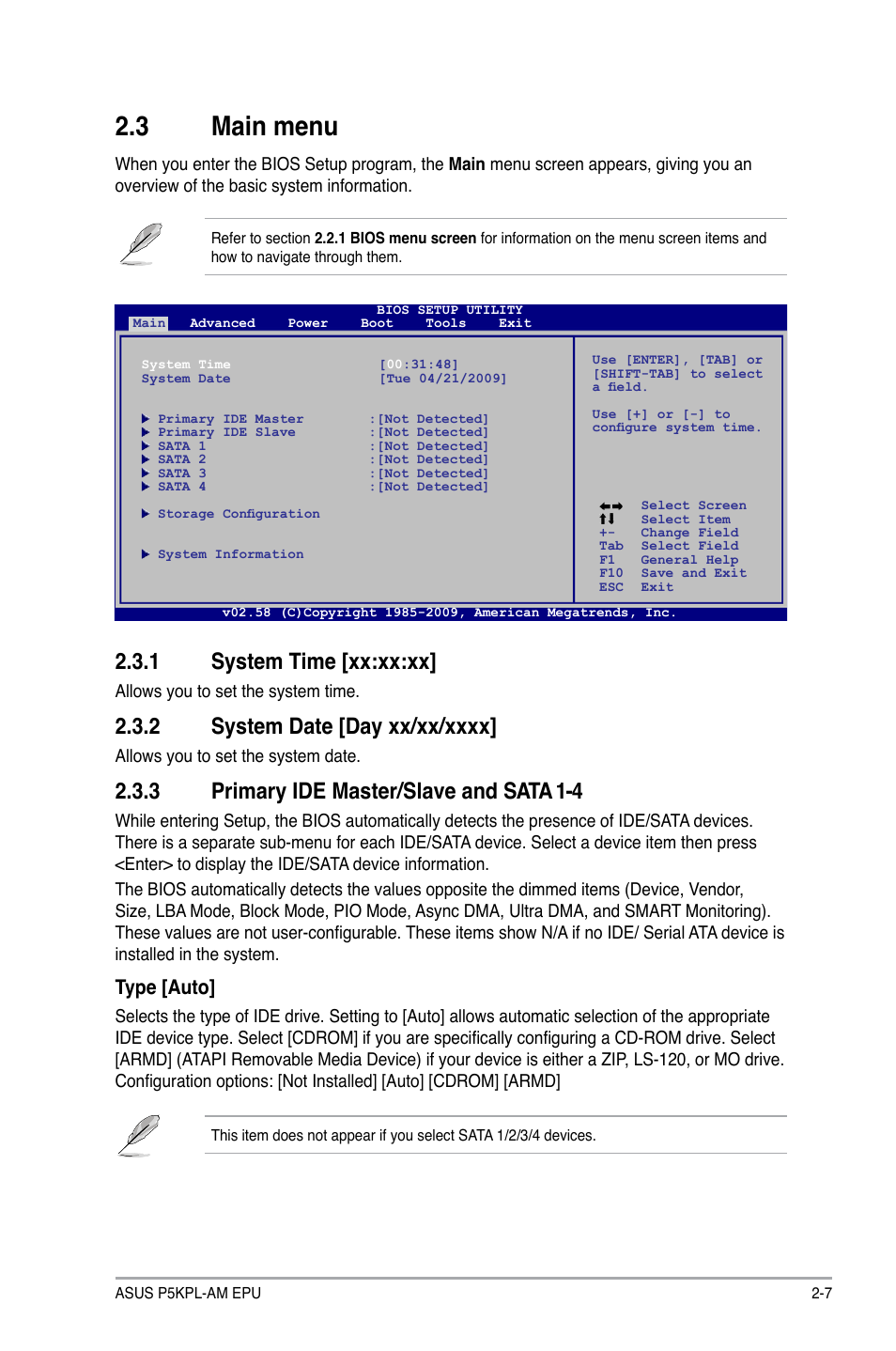3 main menu, 1 system time [xx:xx:xx, 2 system date [day xx/xx/xxxx | 3 primary ide master/slave and sata 1-4, Main menu -7 2.3.1, System time -7, System date -7, Primary ide master/slave and sata 1-4 -7, Type [auto | Asus P5KPL-AM EPU User Manual | Page 45 / 60