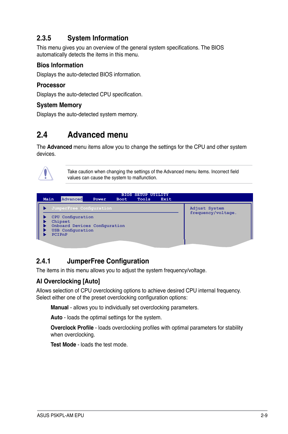 5 system information, 4 advanced menu, 1 jumperfree configuration | System information -9, Advanced menu -9 2.4.1, Jumperfree configuration -9 | Asus P5KPL-AM EPU User Manual | Page 47 / 60