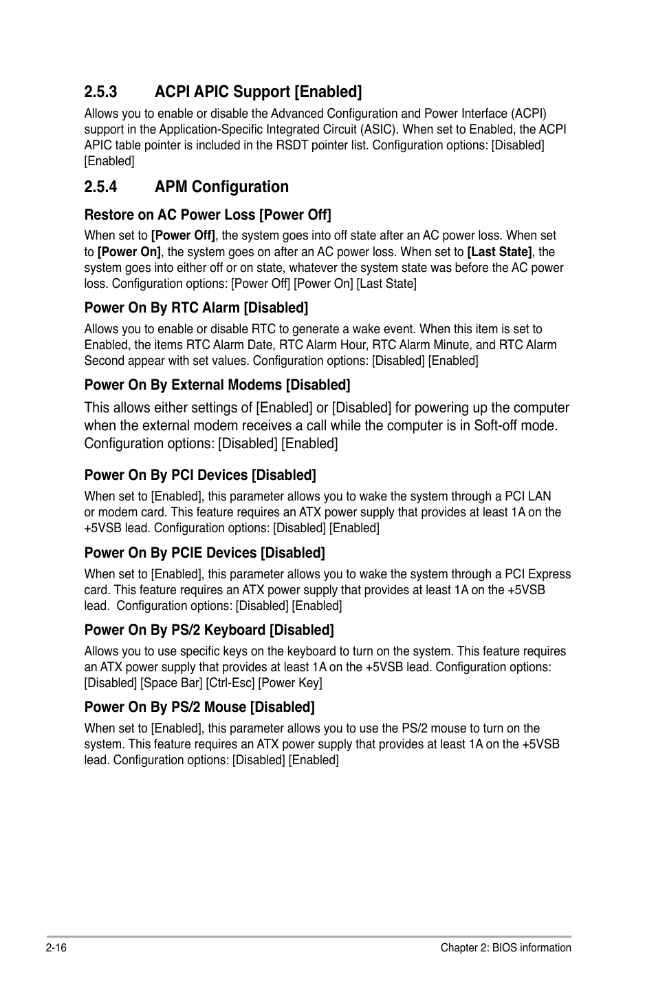 3 acpi apic support [enabled, 4 apm configuration, Acpi apic support -16 | Apm configuration -16 | Asus P5KPL-AM EPU User Manual | Page 54 / 60