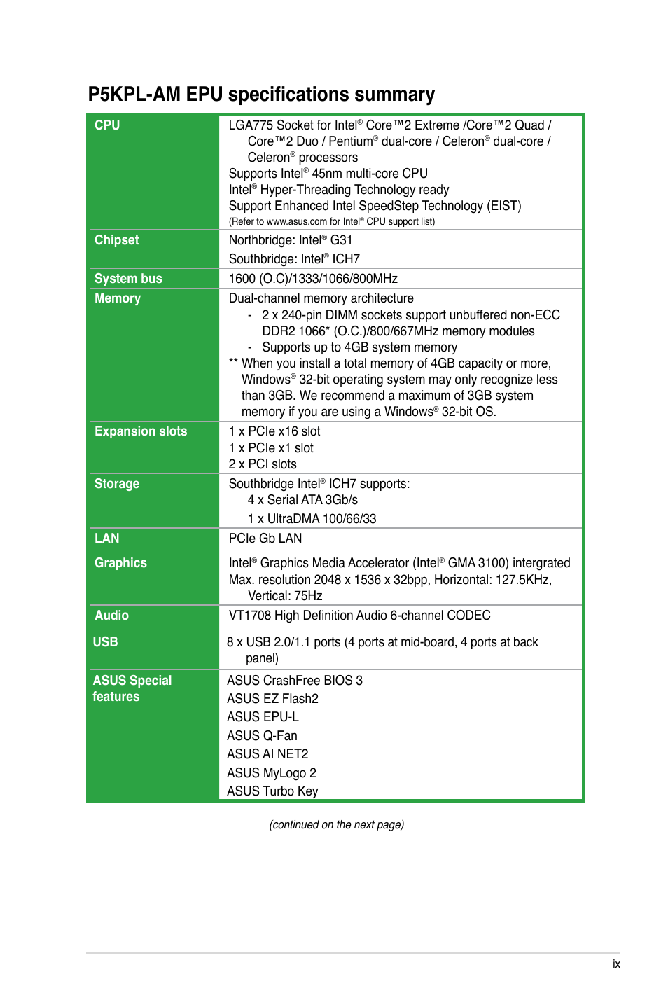 P5kpl-am epu specifications summary | Asus P5KPL-AM EPU User Manual | Page 9 / 60