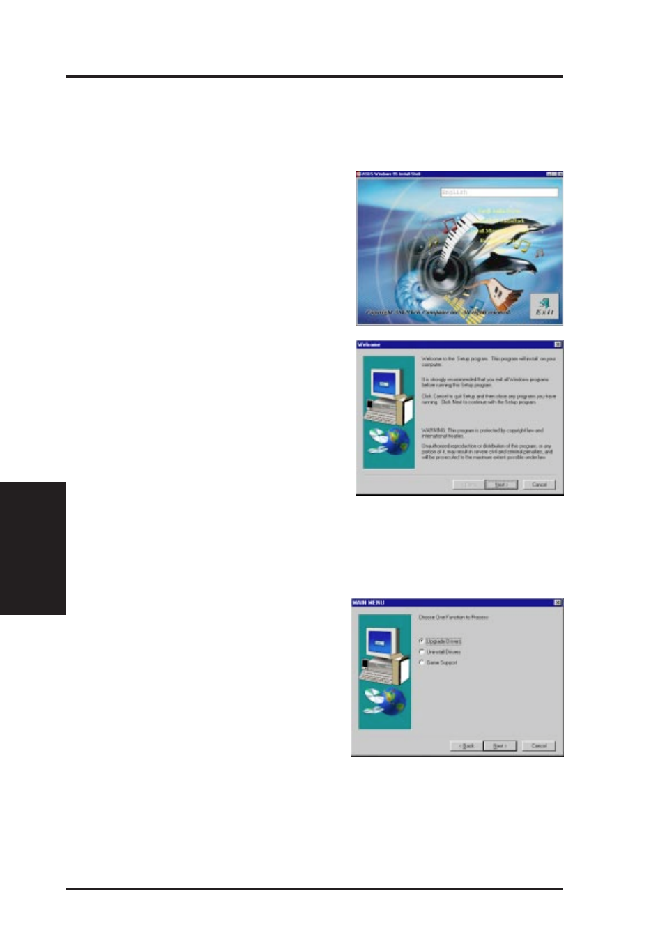 D. audio driver, Setup audio driver, Upgrade or uninstall drivers | Asus P2E-N User Manual | Page 104 / 120