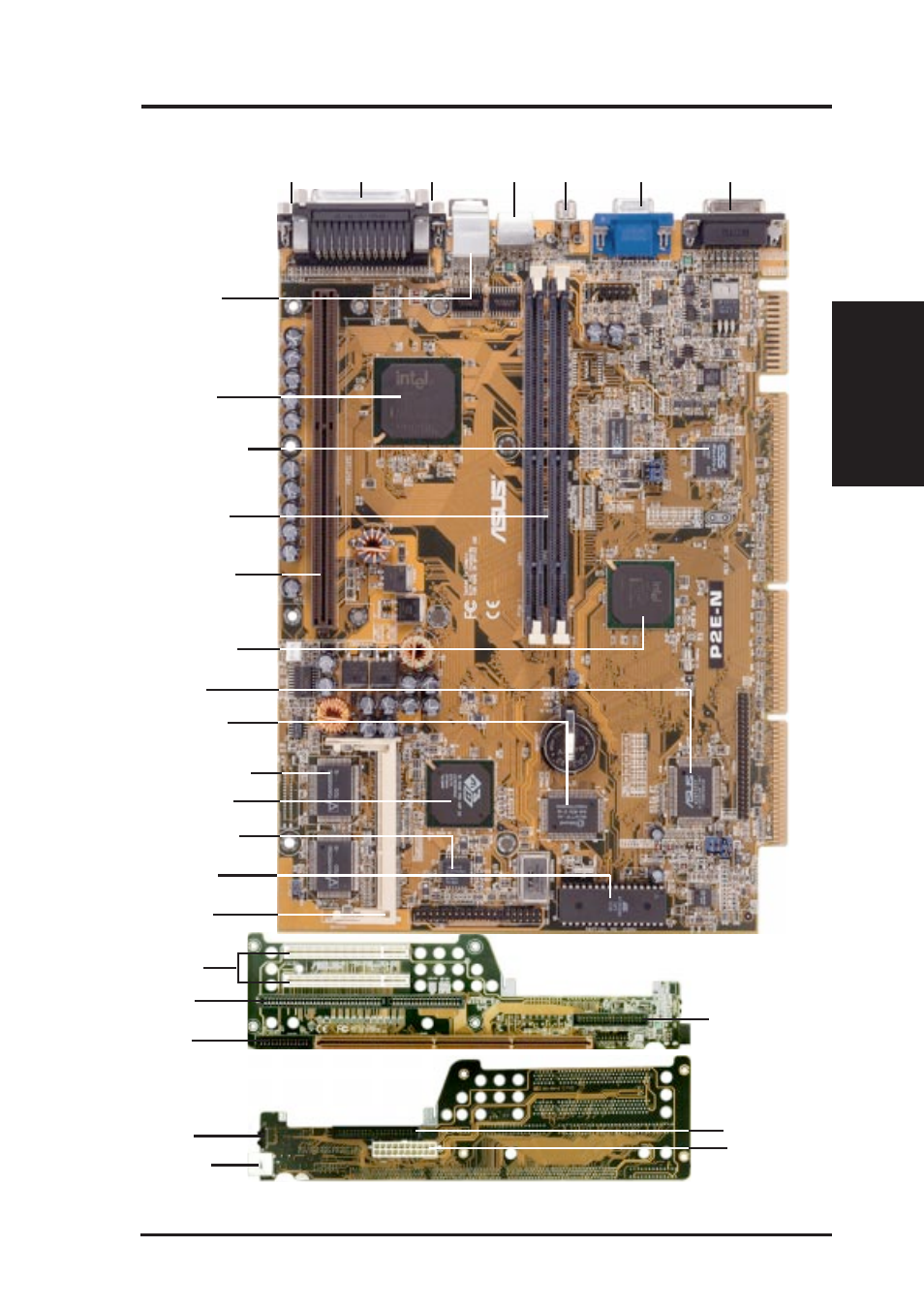 Ii. features, Parts of the asus p2l-n/p2e-n motherboard, Riser card back | Riser card front, Asus p2l-n/p2e-n user’s manual 11, Ii. fea tures motherboard parts | Asus P2E-N User Manual | Page 11 / 120