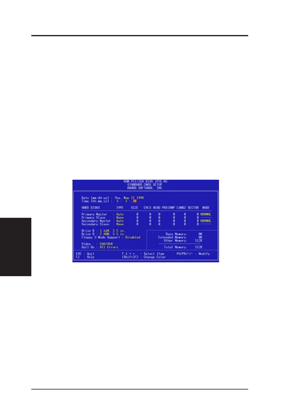 Iv. bios software, Standard cmos setup | Asus P2E-N User Manual | Page 38 / 120