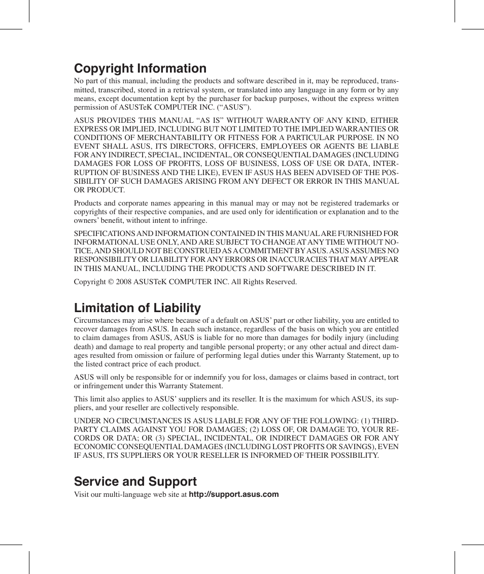 Copyright information, Limitation of liability, Service and support | Asus G70V User Manual | Page 101 / 101