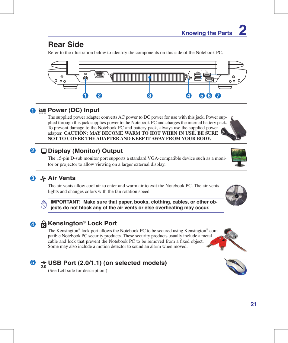 Rear side | Asus G70V User Manual | Page 21 / 101