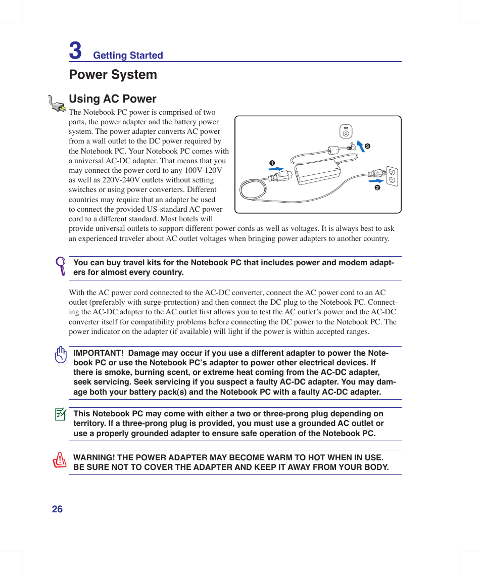 Power system, Using ac power | Asus G70V User Manual | Page 26 / 101