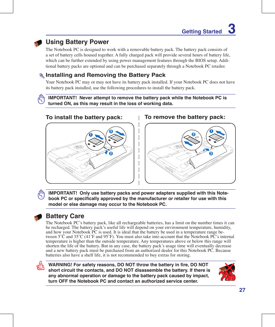 Using battery power, Battery care | Asus G70V User Manual | Page 27 / 101