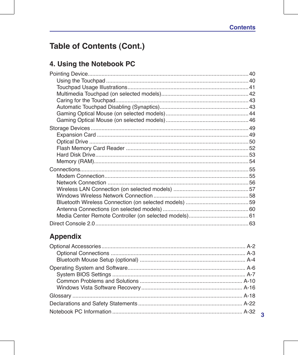 Table of contents (cont.) | Asus G70V User Manual | Page 3 / 101