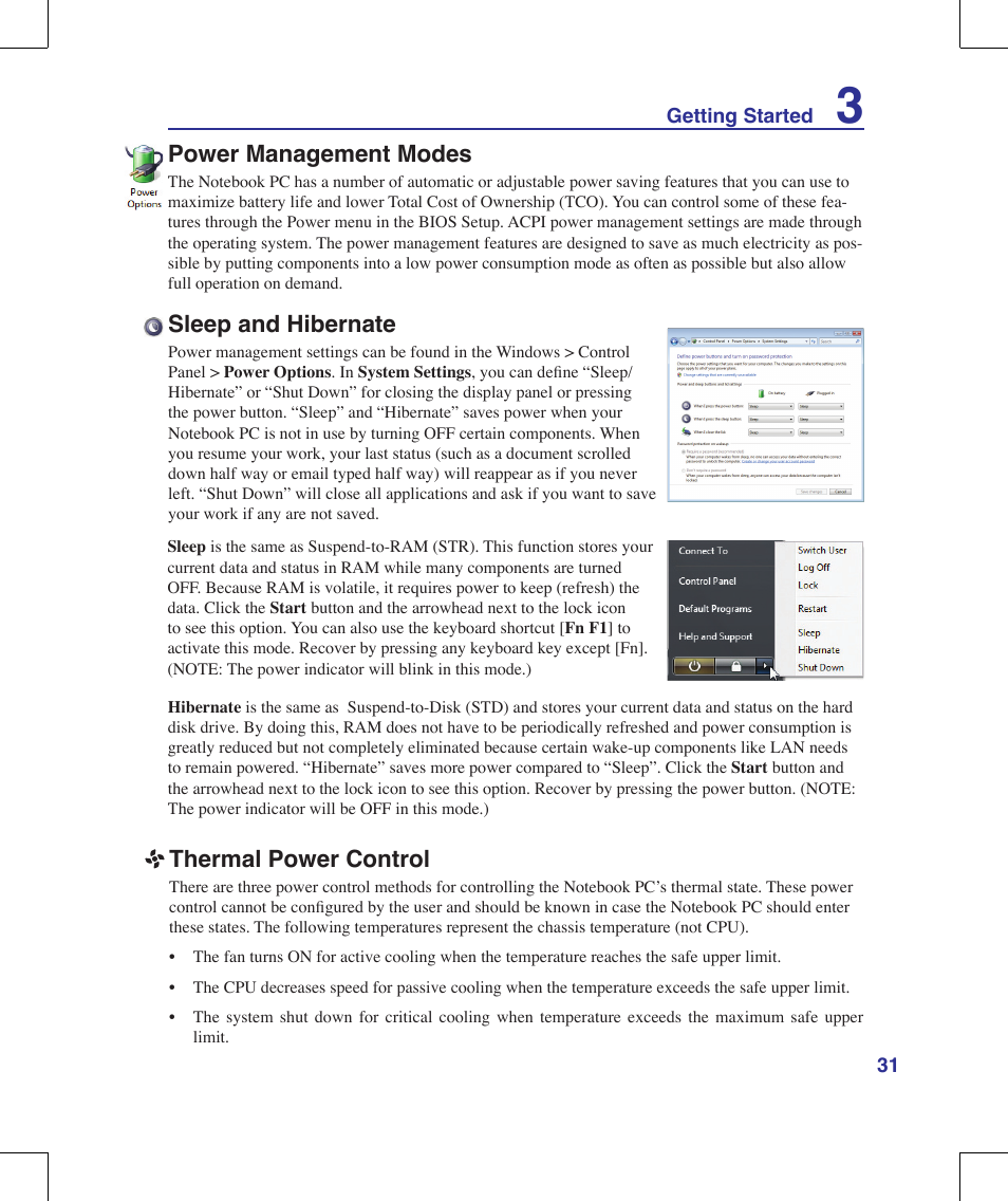 Power management modes, Sleep and hibernate, Thermal power control | Asus G70V User Manual | Page 31 / 101