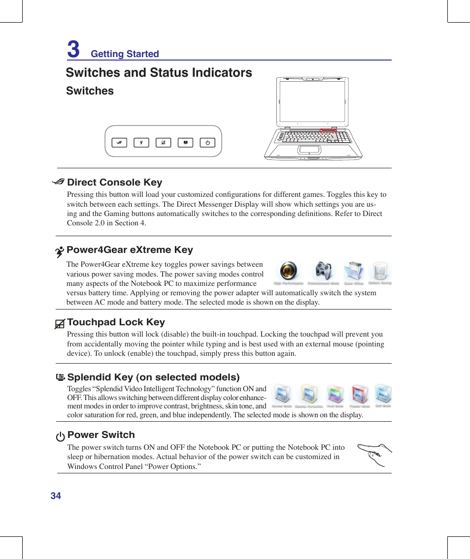 Switches and status indicators, Switches | Asus G70V User Manual | Page 34 / 101