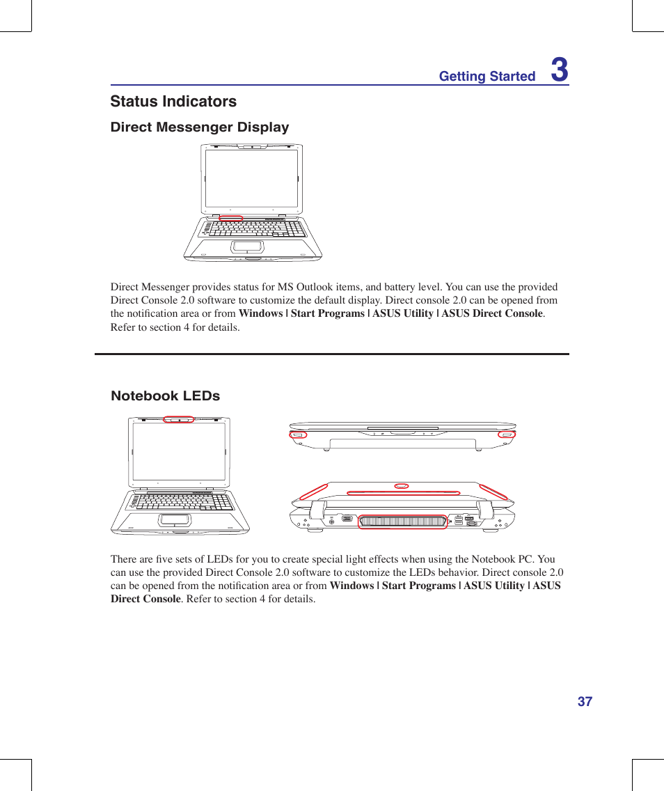 Status indicators | Asus G70V User Manual | Page 37 / 101