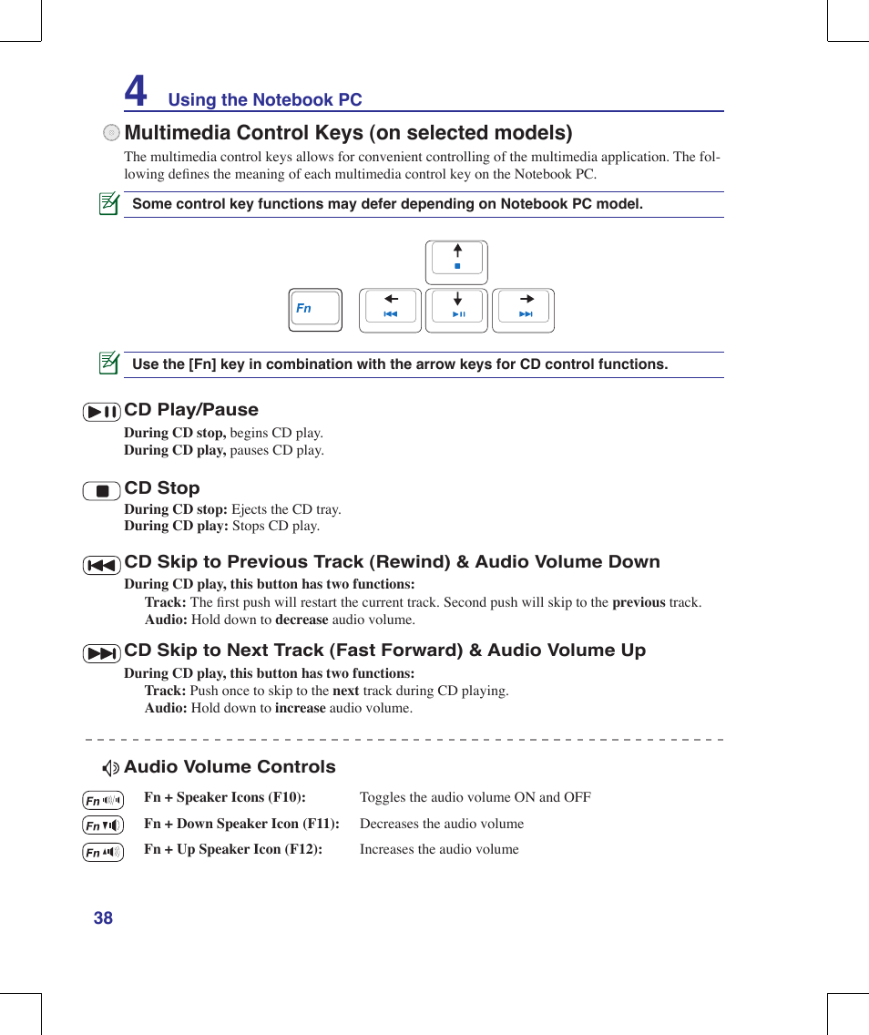 Multimedia control keys (on selected models) | Asus G70V User Manual | Page 38 / 101