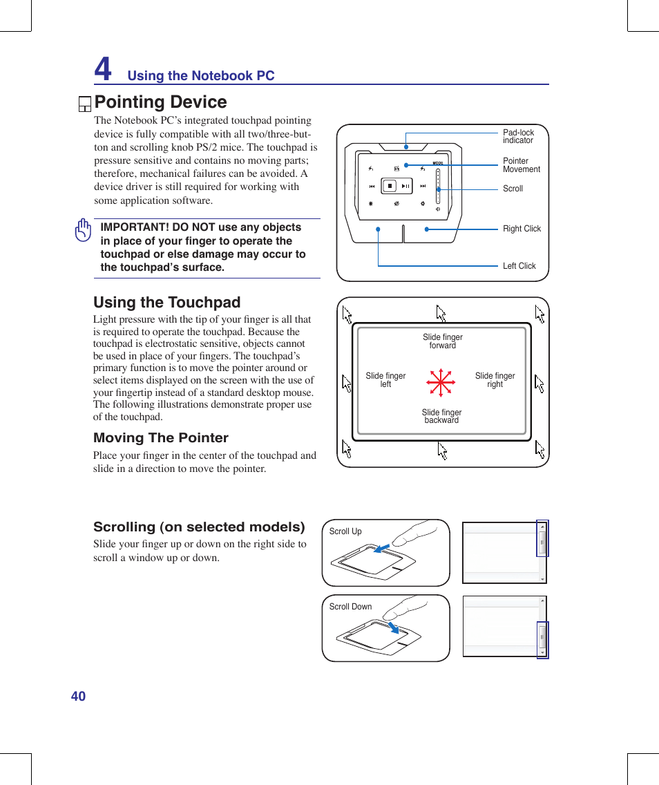 Pointing device, Using the touchpad | Asus G70V User Manual | Page 40 / 101