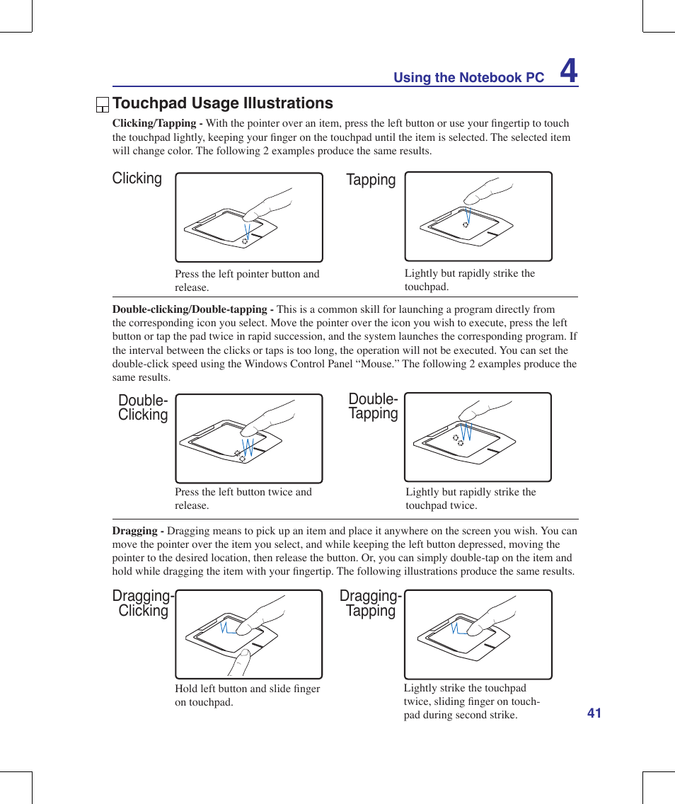 Touchpad usage illustrations | Asus G70V User Manual | Page 41 / 101