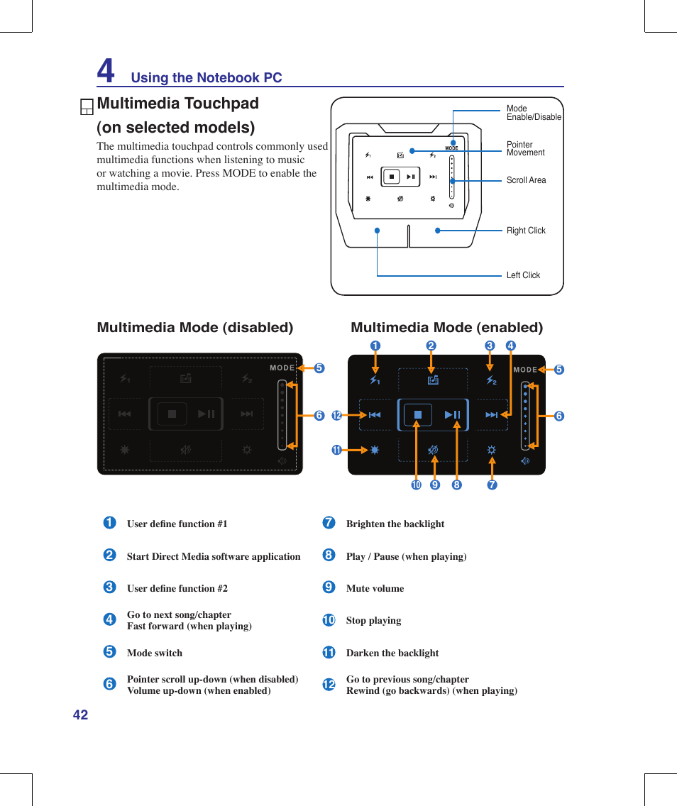 Multimedia touchpad (on selected models) | Asus G70V User Manual | Page 42 / 101