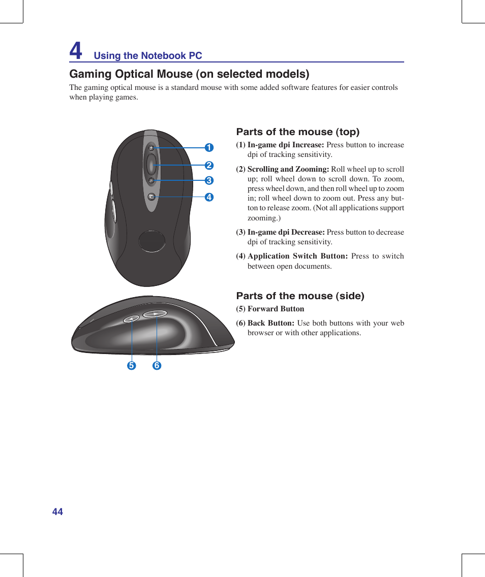 Gaming optical mouse (on selected models) | Asus G70V User Manual | Page 44 / 101