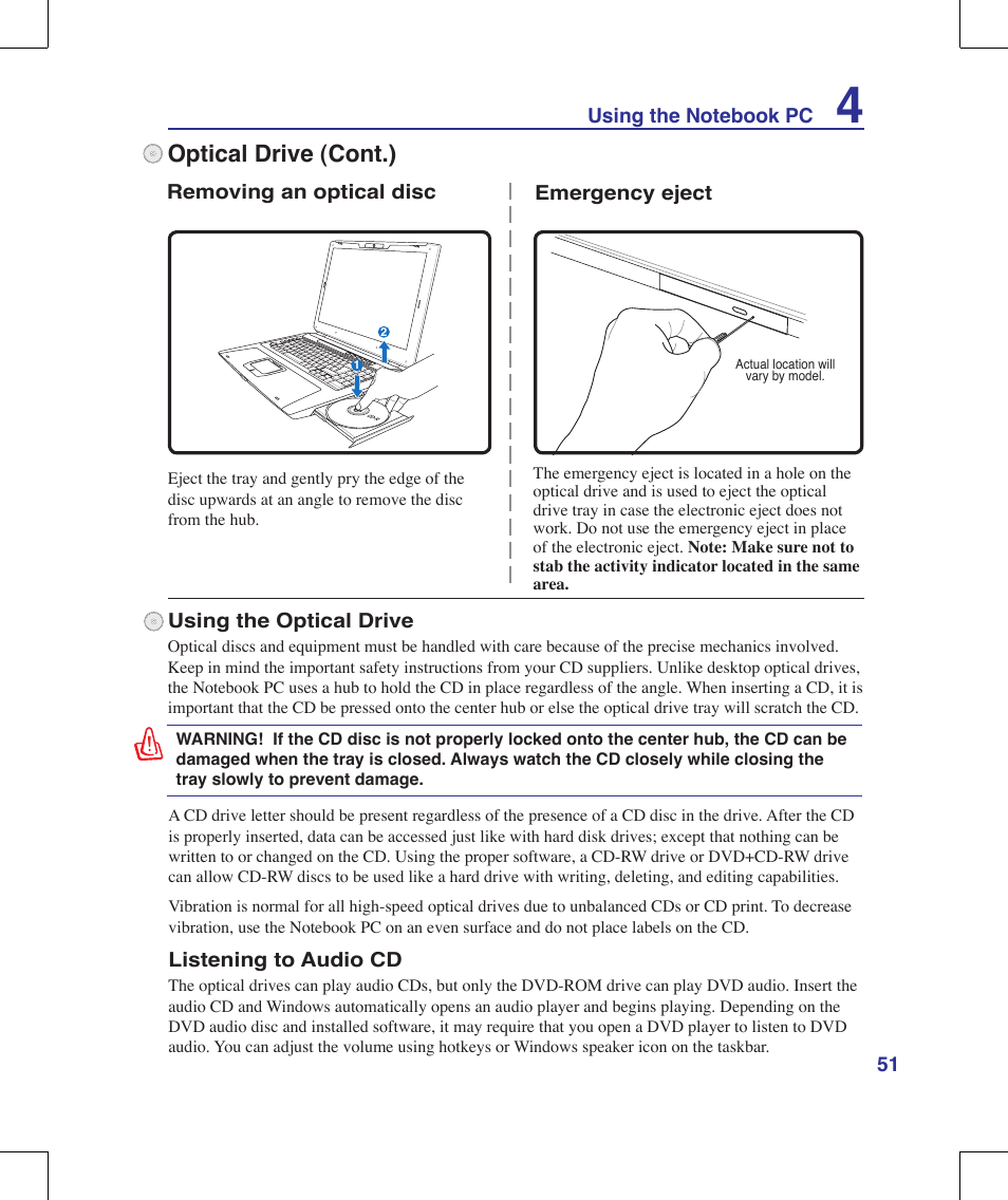 Optical drive (cont.) | Asus G70V User Manual | Page 51 / 101