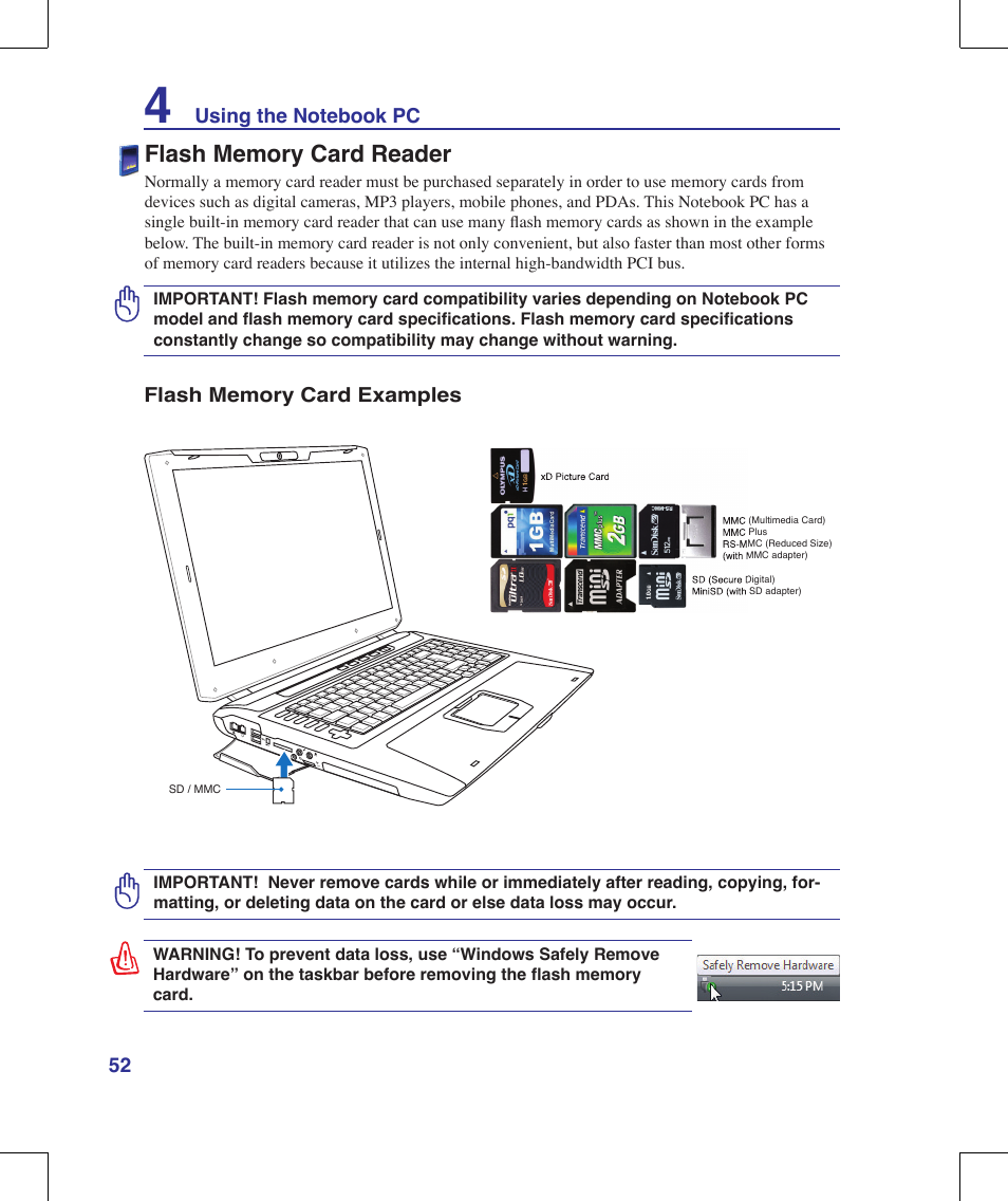 Flash memory card reader | Asus G70V User Manual | Page 52 / 101