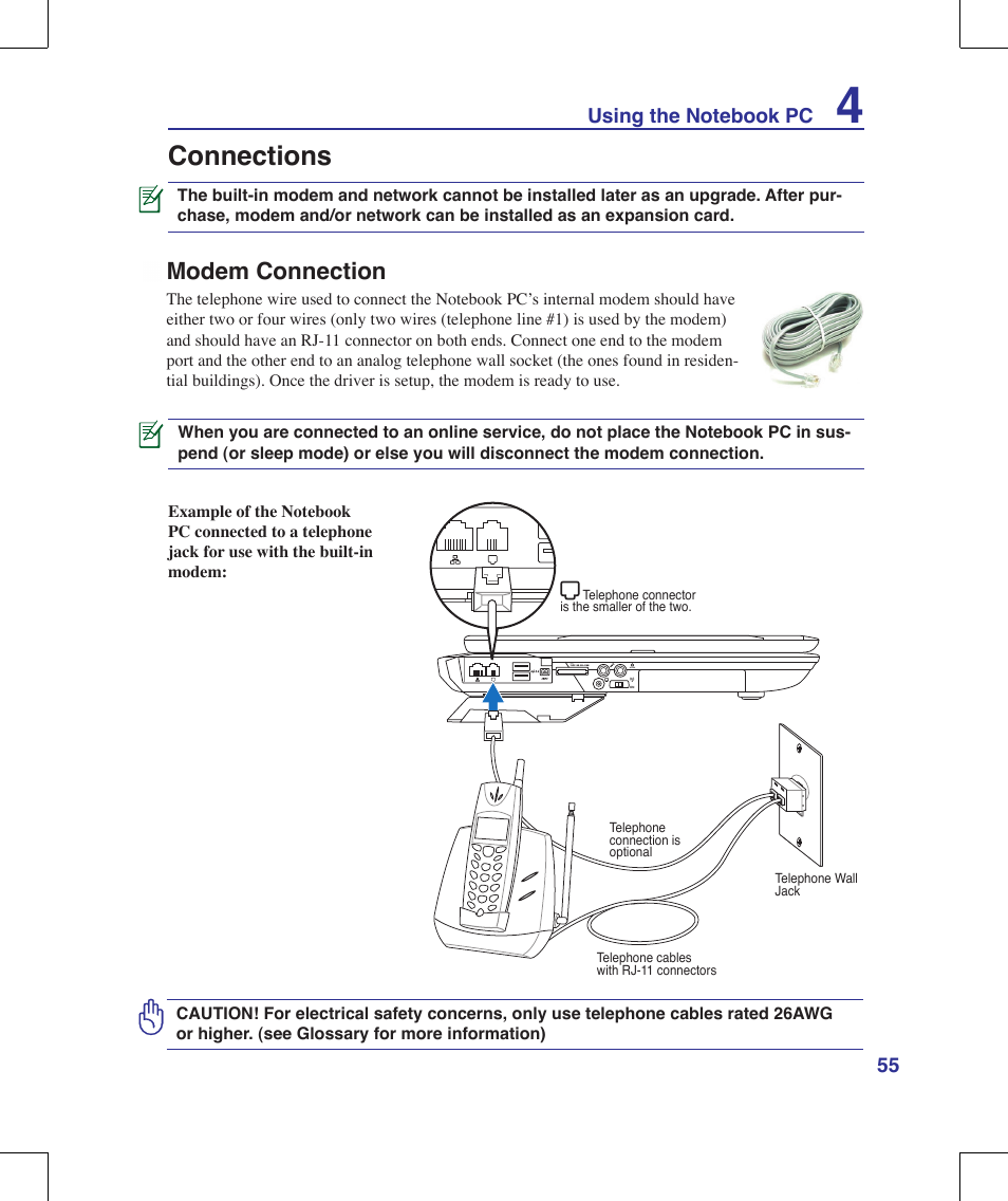 Connections, Modem connection | Asus G70V User Manual | Page 55 / 101