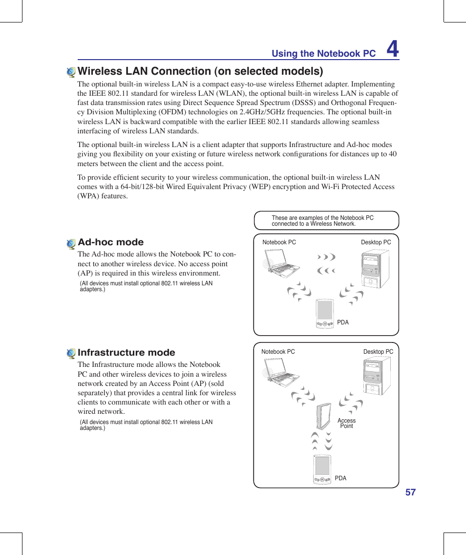 Wireless lan connection (on selected models) | Asus G70V User Manual | Page 57 / 101