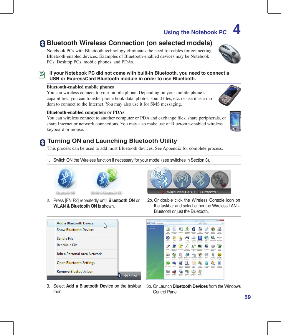 Bluetooth wireless connection (on selected models) | Asus G70V User Manual | Page 59 / 101