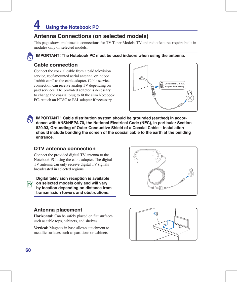 Antenna connections (on selected models) | Asus G70V User Manual | Page 60 / 101