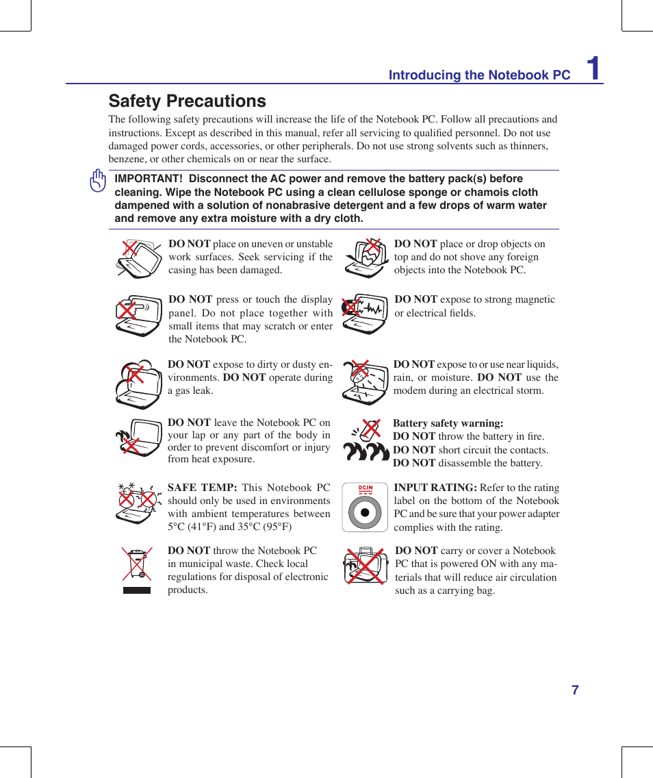 Safety precautions | Asus G70V User Manual | Page 7 / 101