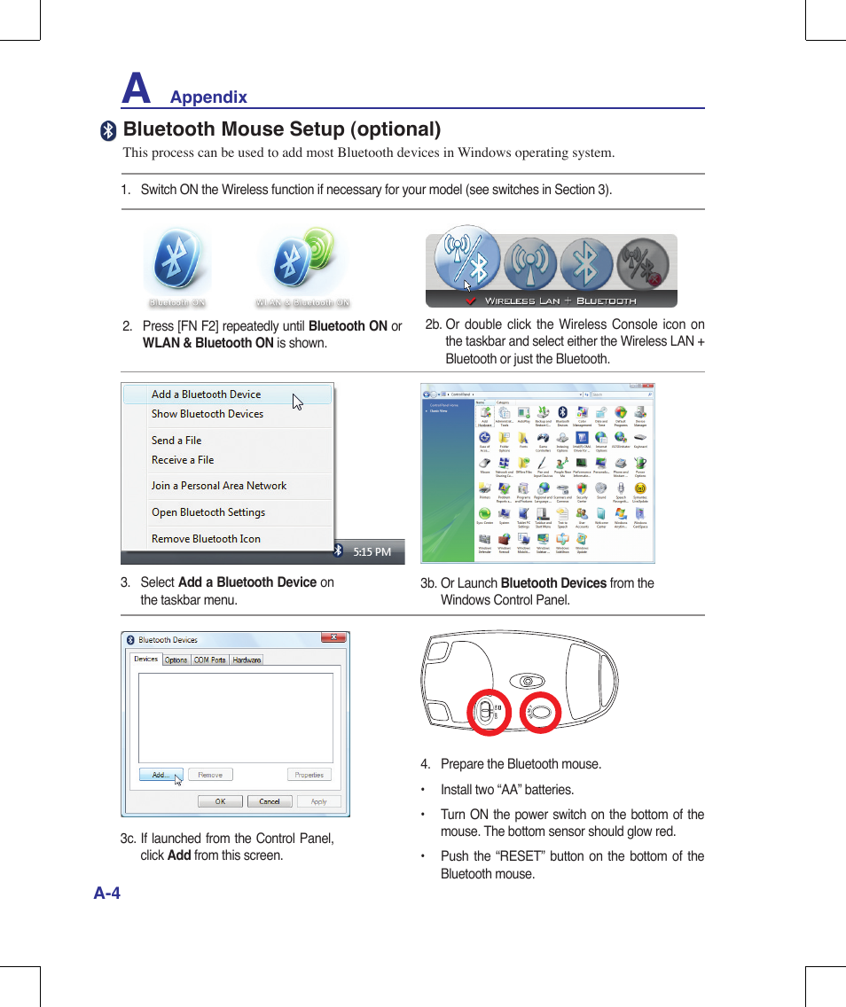 Bluetooth mouse setup (optional), Appendix a-4 | Asus G70V User Manual | Page 72 / 101