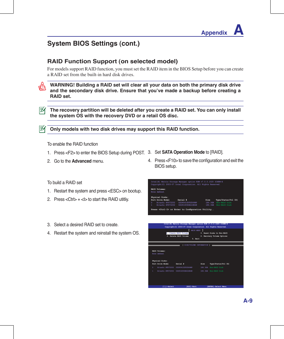 System bios settings (cont.), Appendix, Raid function support (on selected model) | Asus G70V User Manual | Page 77 / 101