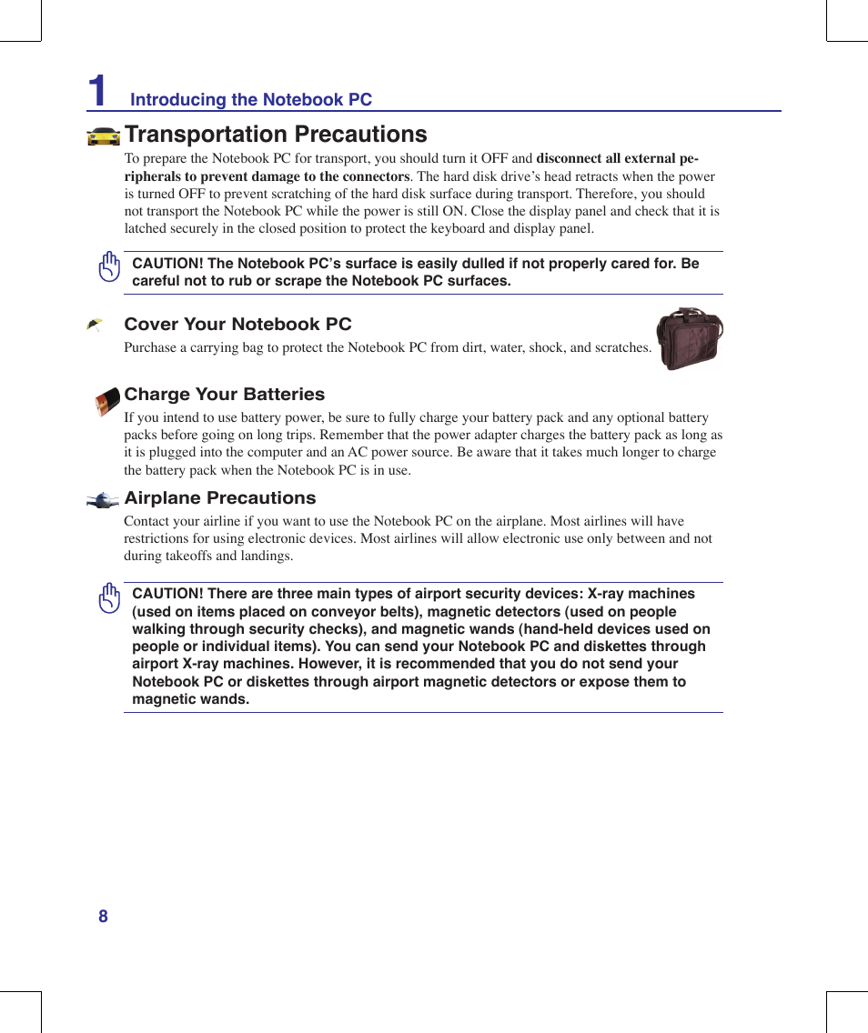 Transportation precautions | Asus G70V User Manual | Page 8 / 101