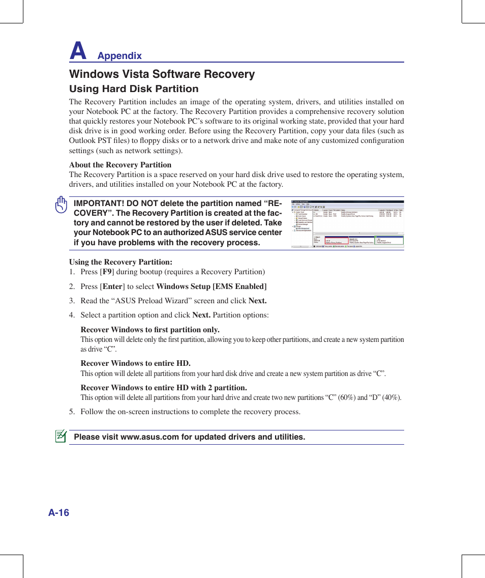 Windows vista software recovery | Asus G70V User Manual | Page 84 / 101