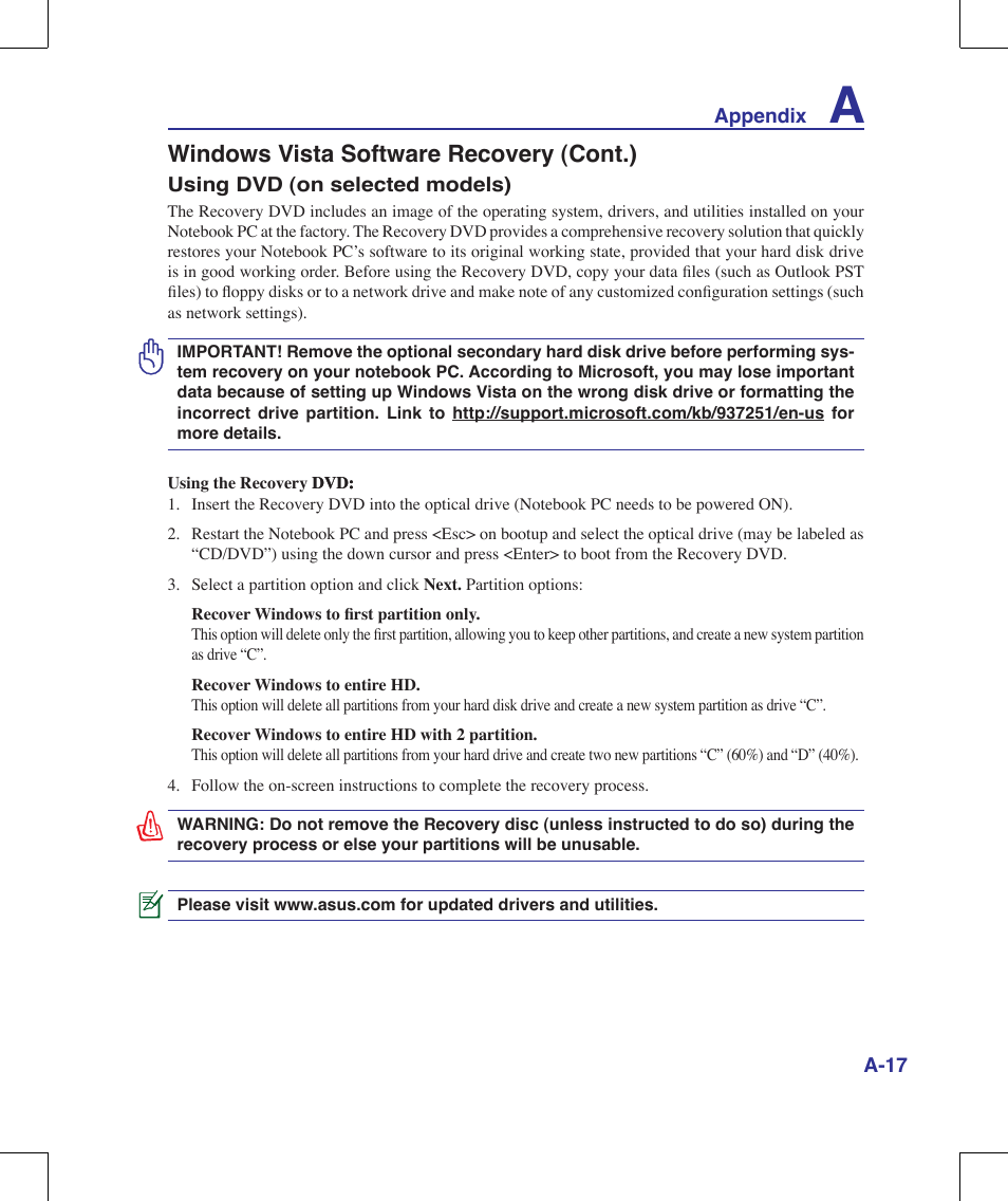 Windows vista software recovery (cont.) | Asus G70V User Manual | Page 85 / 101