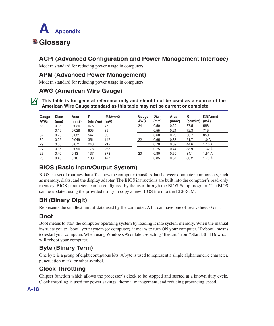 Glossary, Appendix a-18, Apm (advanced power management) | Awg (american wire gauge), Bios (basic input/output system), Bit (binary digit), Boot, Byte (binary term), Clock throttling | Asus G70V User Manual | Page 86 / 101