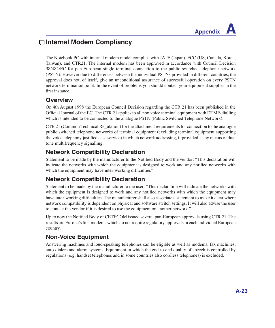 Internal modem compliancy | Asus G70V User Manual | Page 91 / 101