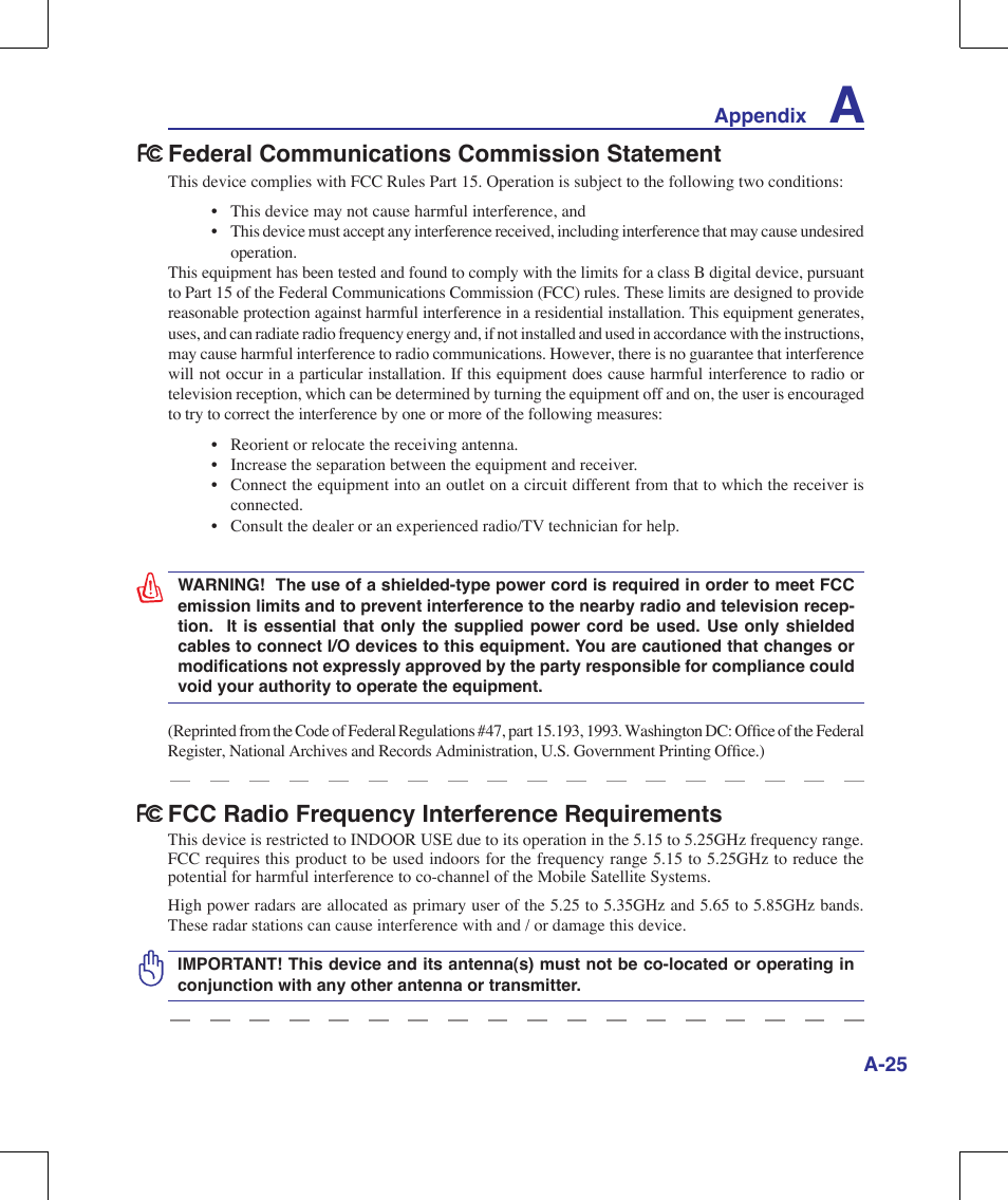 Federal communications commission statement, Fcc radio frequency interference requirements | Asus G70V User Manual | Page 93 / 101