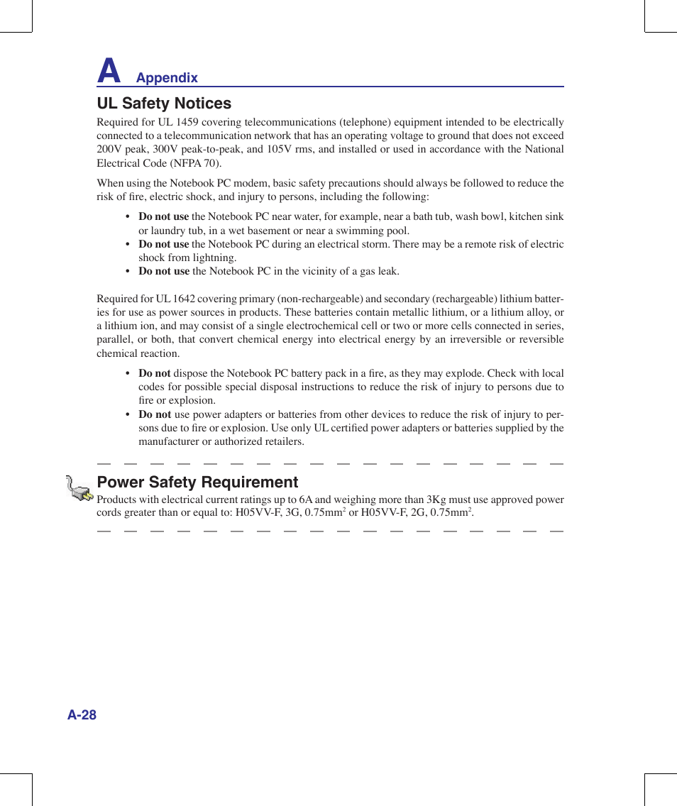 Ul safety notices, Power safety requirement | Asus G70V User Manual | Page 96 / 101