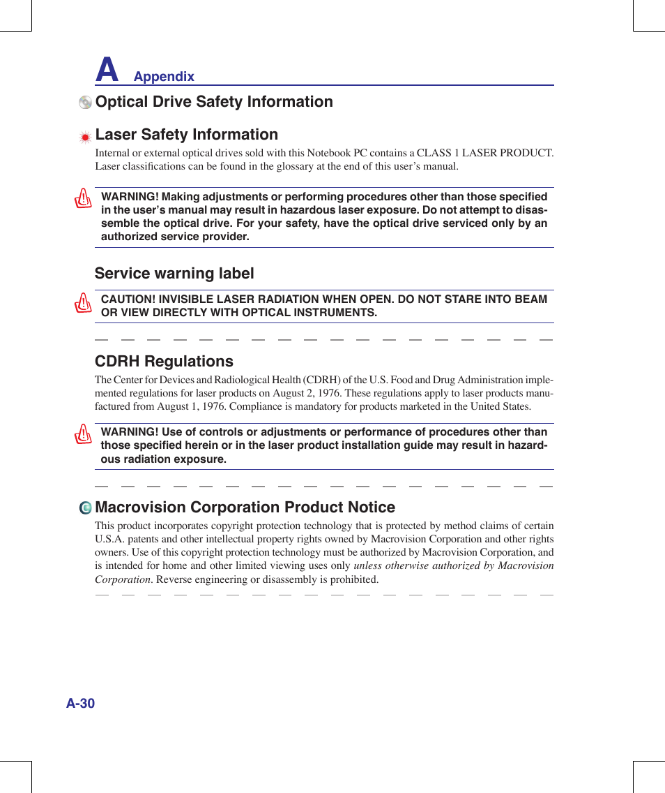 Service warning label, Cdrh regulations, Macrovision corporation product notice | Asus G70V User Manual | Page 98 / 101