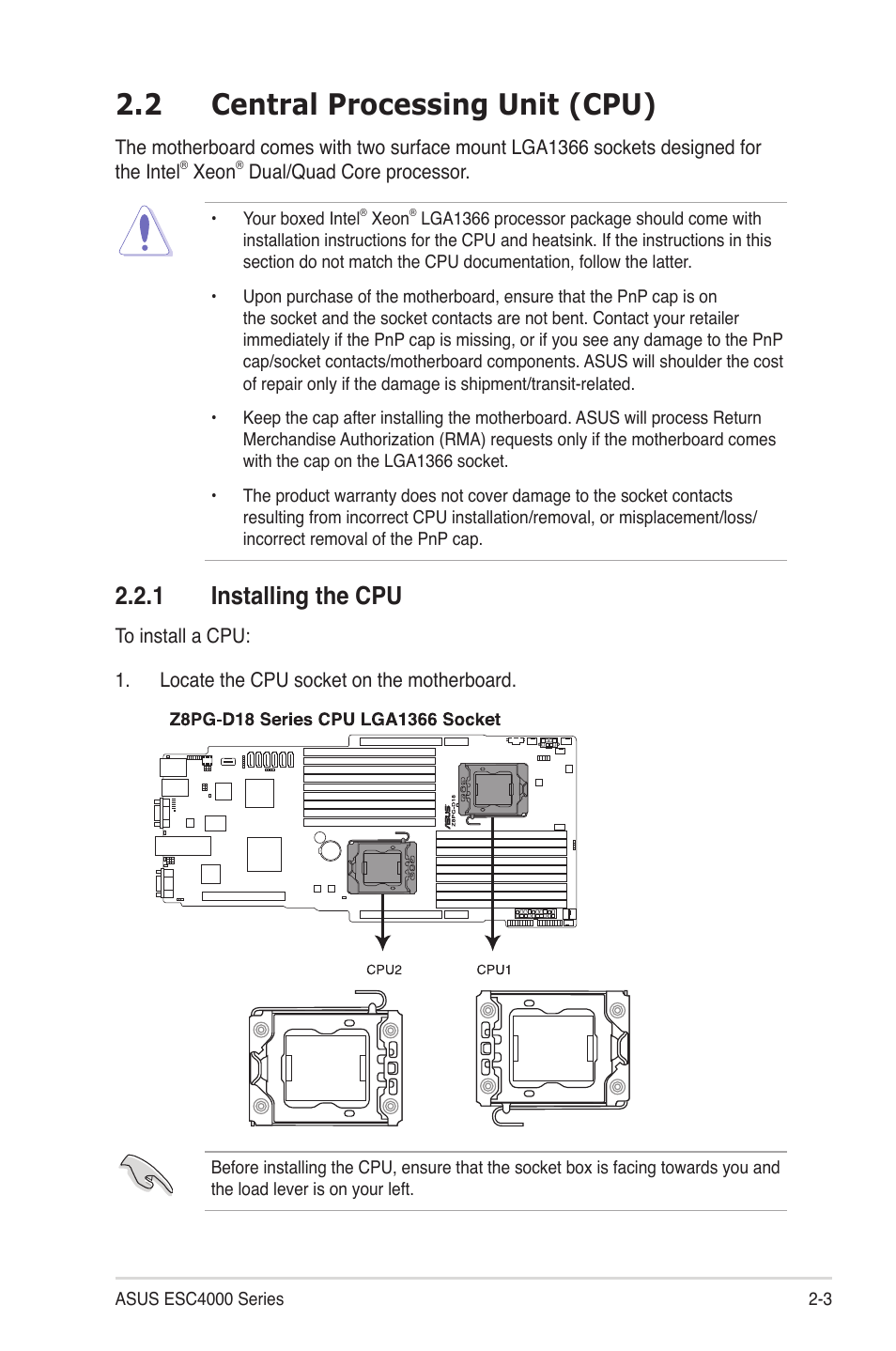 2 central processing unit (cpu), 1 installing the cpu, Central processing unit (cpu) -3 2.2.1 | Installing the cpu -3 | Asus ESC4000/IB User Manual | Page 25 / 162