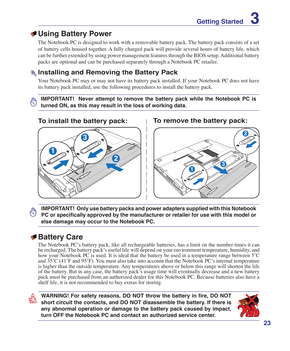 Using battery power, Battery care | Asus U1 User Manual | Page 23 / 87