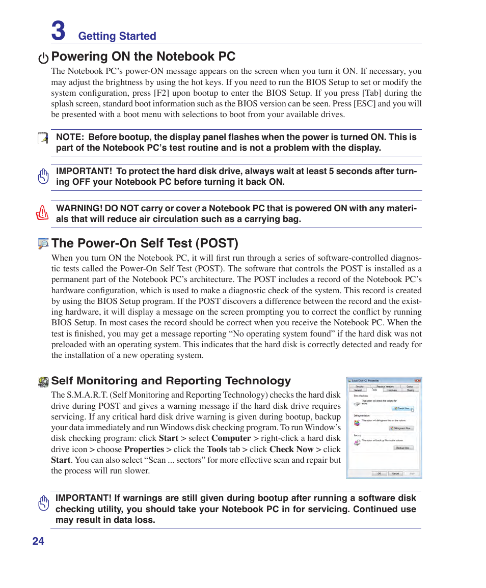 Powering on the notebook pc, The power-on self test (post) | Asus U1 User Manual | Page 24 / 87