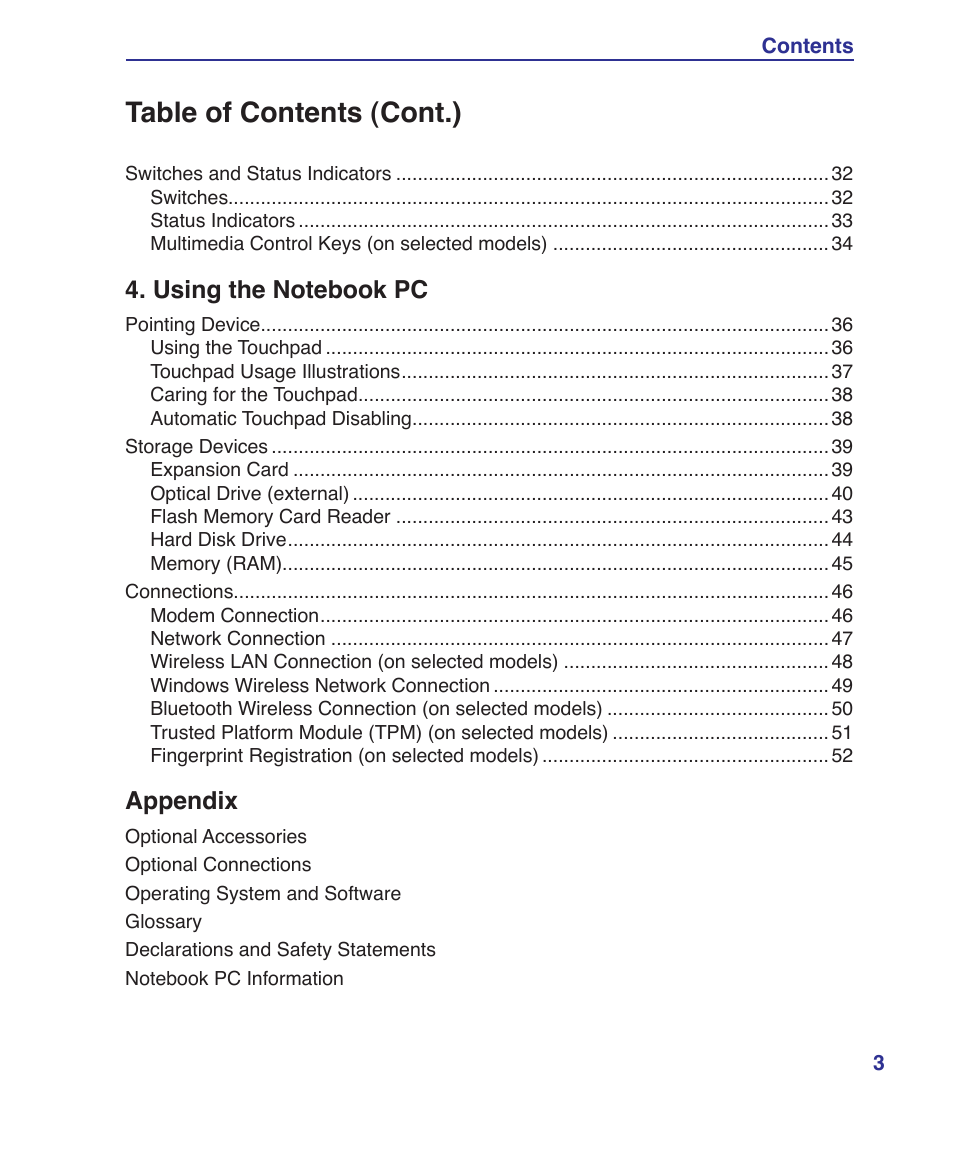 Table of contents (cont.), Appendix | Asus U1 User Manual | Page 3 / 87