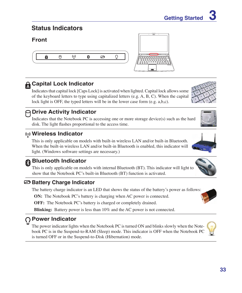 Status indicators | Asus U1 User Manual | Page 33 / 87